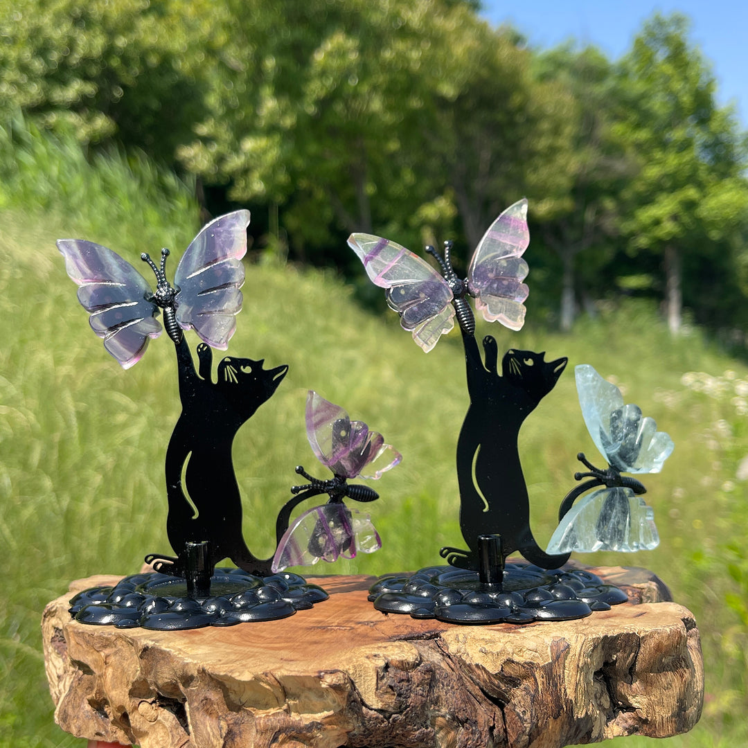 A Slightly Imperfect Natural Fluorite Cat Chasing Butterfly Display Ornament