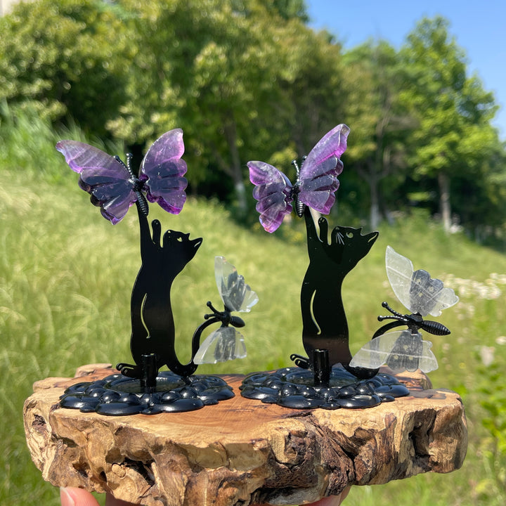 A Slightly Imperfect Natural Fluorite Cat Chasing Butterfly Display Ornament