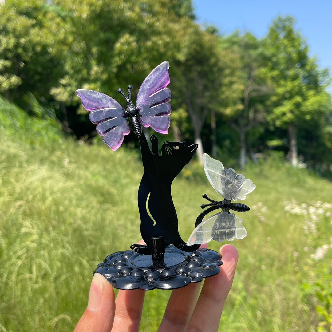 A Slightly Imperfect Natural Fluorite Cat Chasing Butterfly Display Ornament
