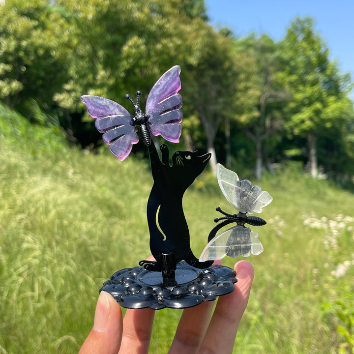 A Slightly Imperfect Natural Fluorite Cat Chasing Butterfly Display Ornament