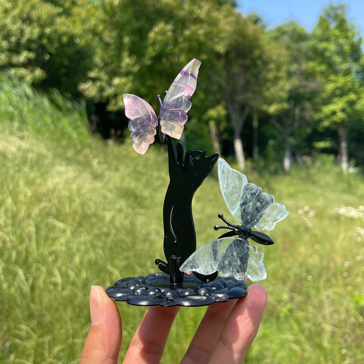A Slightly Imperfect Natural Fluorite Cat Chasing Butterfly Display Ornament
