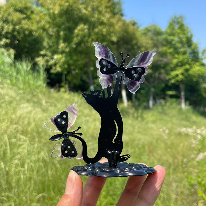 A Slightly Imperfect Natural Fluorite Cat Chasing Butterfly Display Ornament