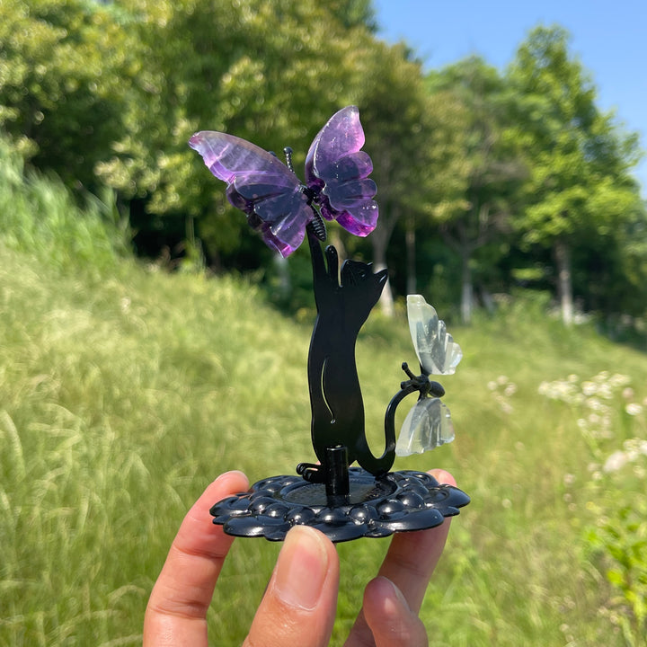 A Slightly Imperfect Natural Fluorite Cat Chasing Butterfly Display Ornament