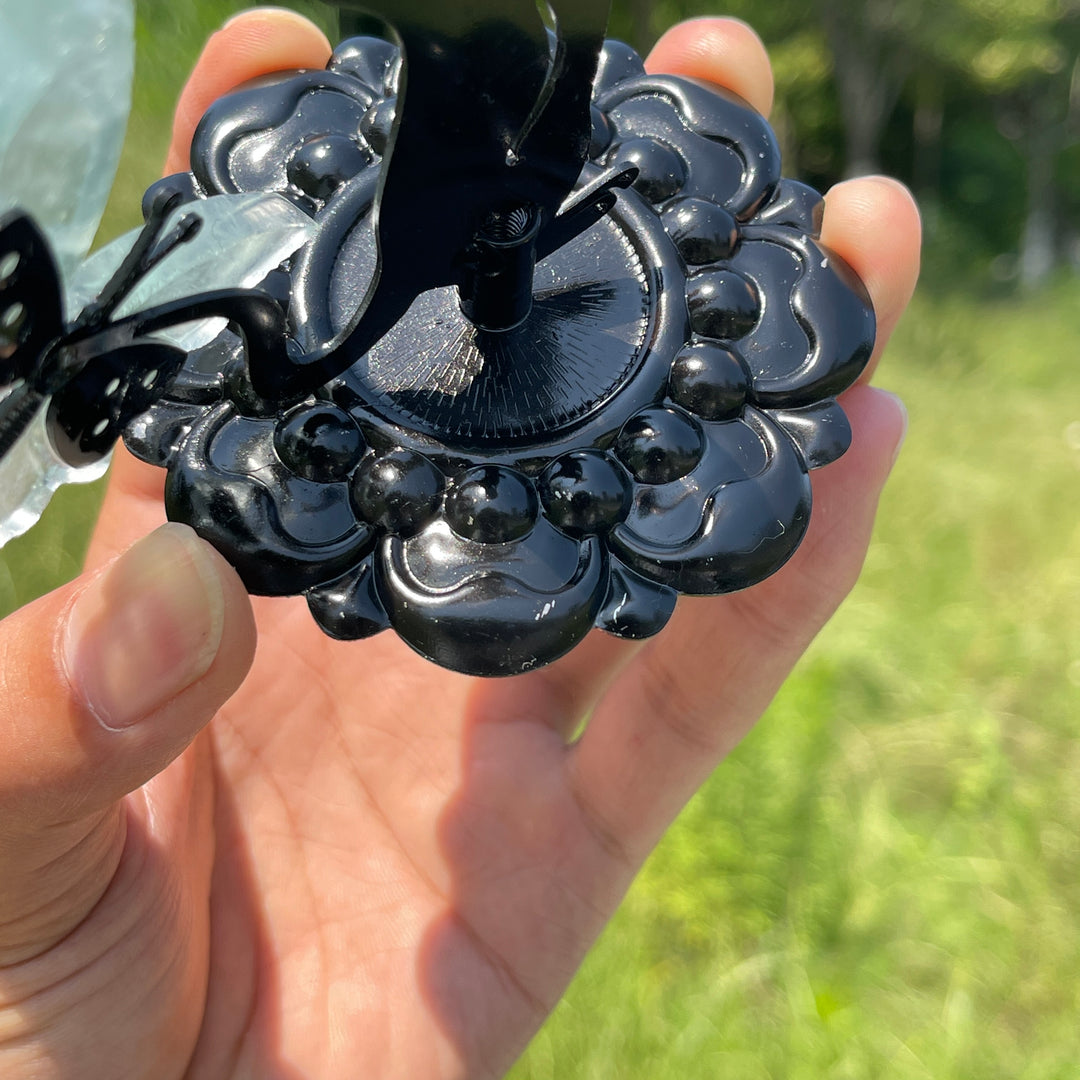 A Slightly Imperfect Natural Fluorite Cat Chasing Butterfly Display Ornament