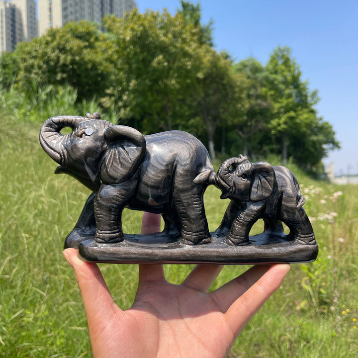 Unique,A Slightly Imperfect Natural Silver Obsidian Mother And Baby Elephant Carving
