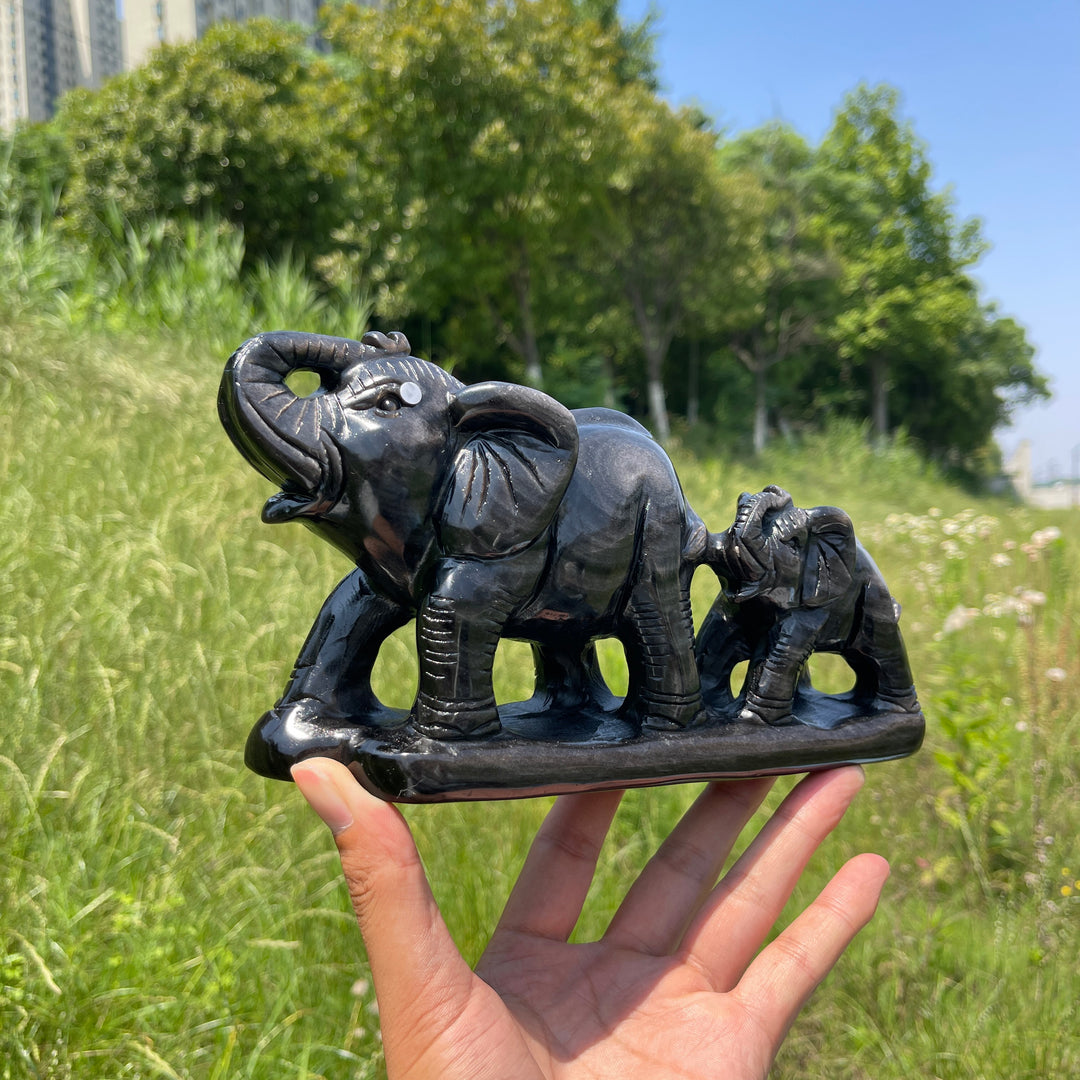 Unique,A Slightly Imperfect Natural Silver Obsidian Mother And Baby Elephant Carving