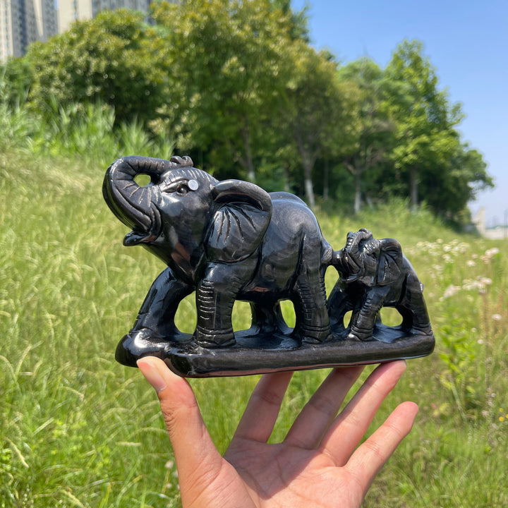 Unique,A Slightly Imperfect Natural Silver Obsidian Mother And Baby Elephant Carving