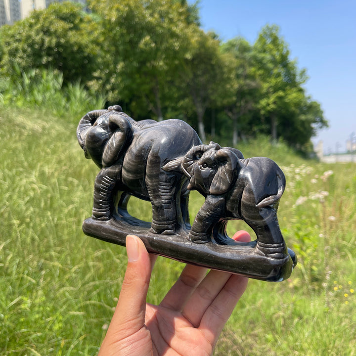 Unique,A Slightly Imperfect Natural Silver Obsidian Mother And Baby Elephant Carving