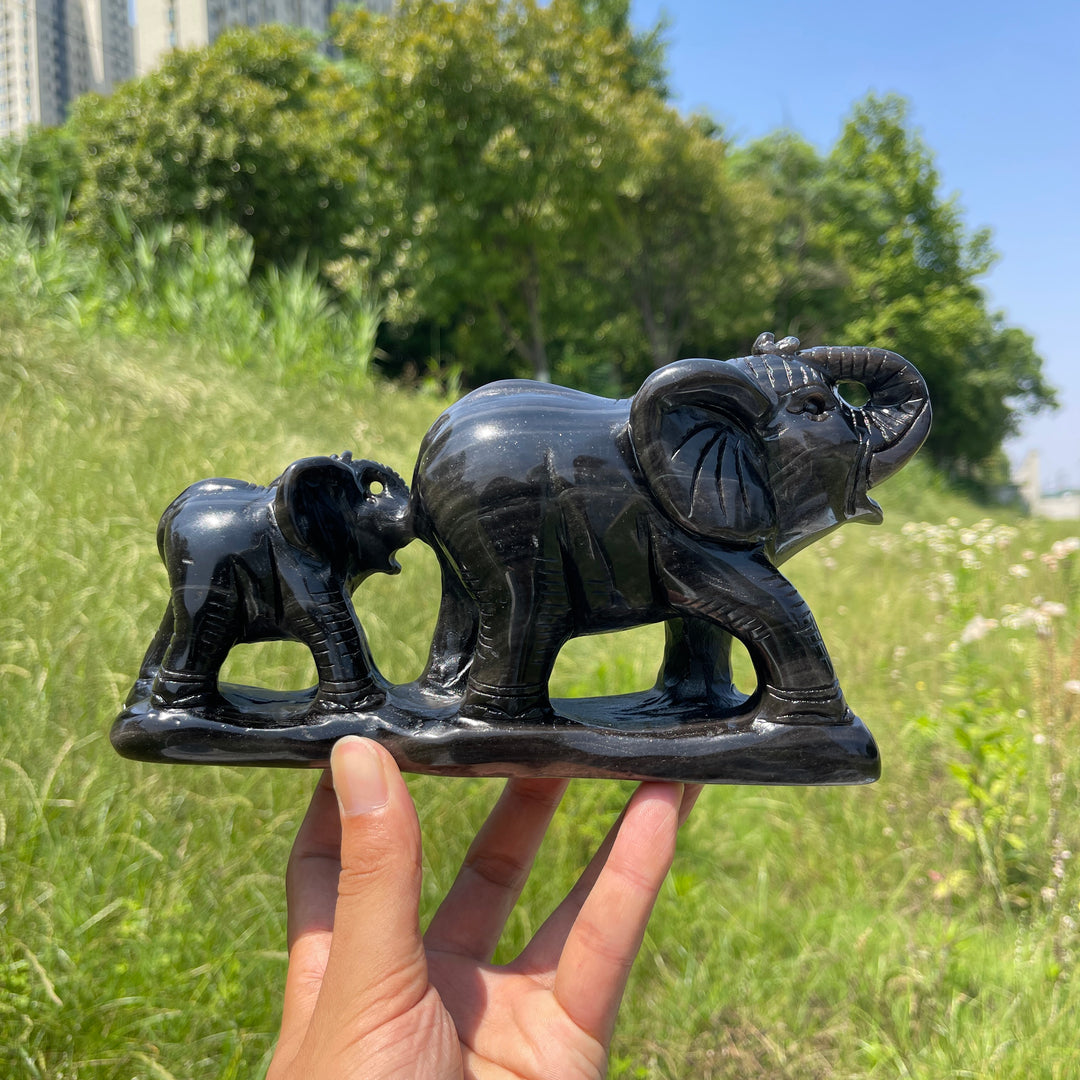 Unique,A Slightly Imperfect Natural Silver Obsidian Mother And Baby Elephant Carving