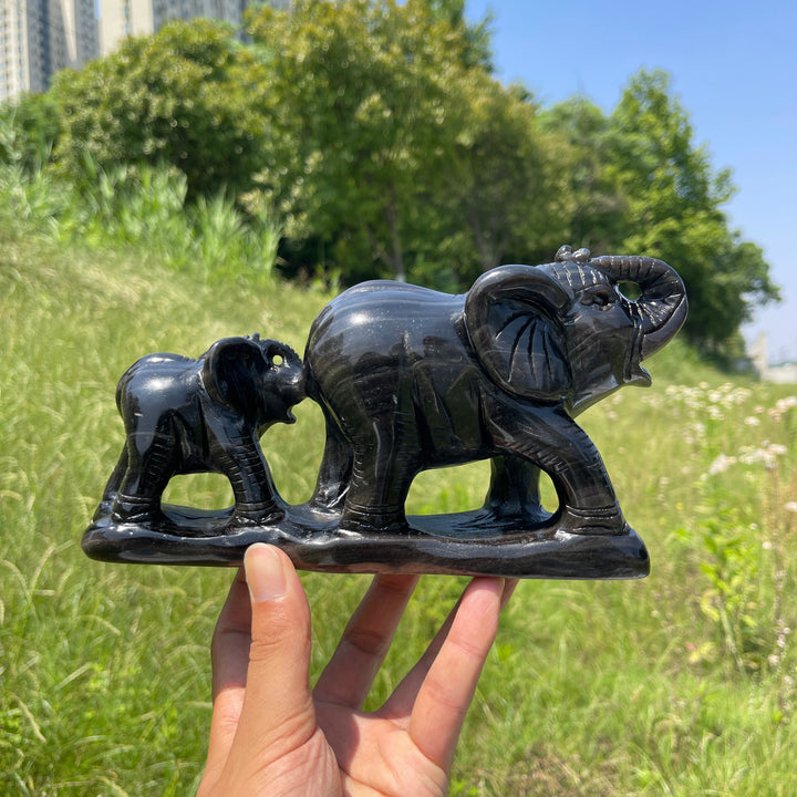 Unique,A Slightly Imperfect Natural Silver Obsidian Mother And Baby Elephant Carving