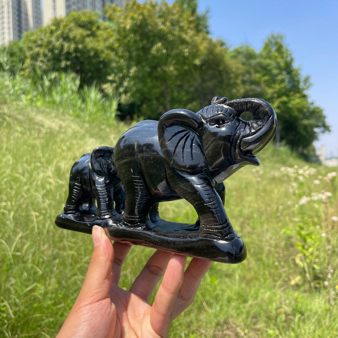 Unique,A Slightly Imperfect Natural Silver Obsidian Mother And Baby Elephant Carving