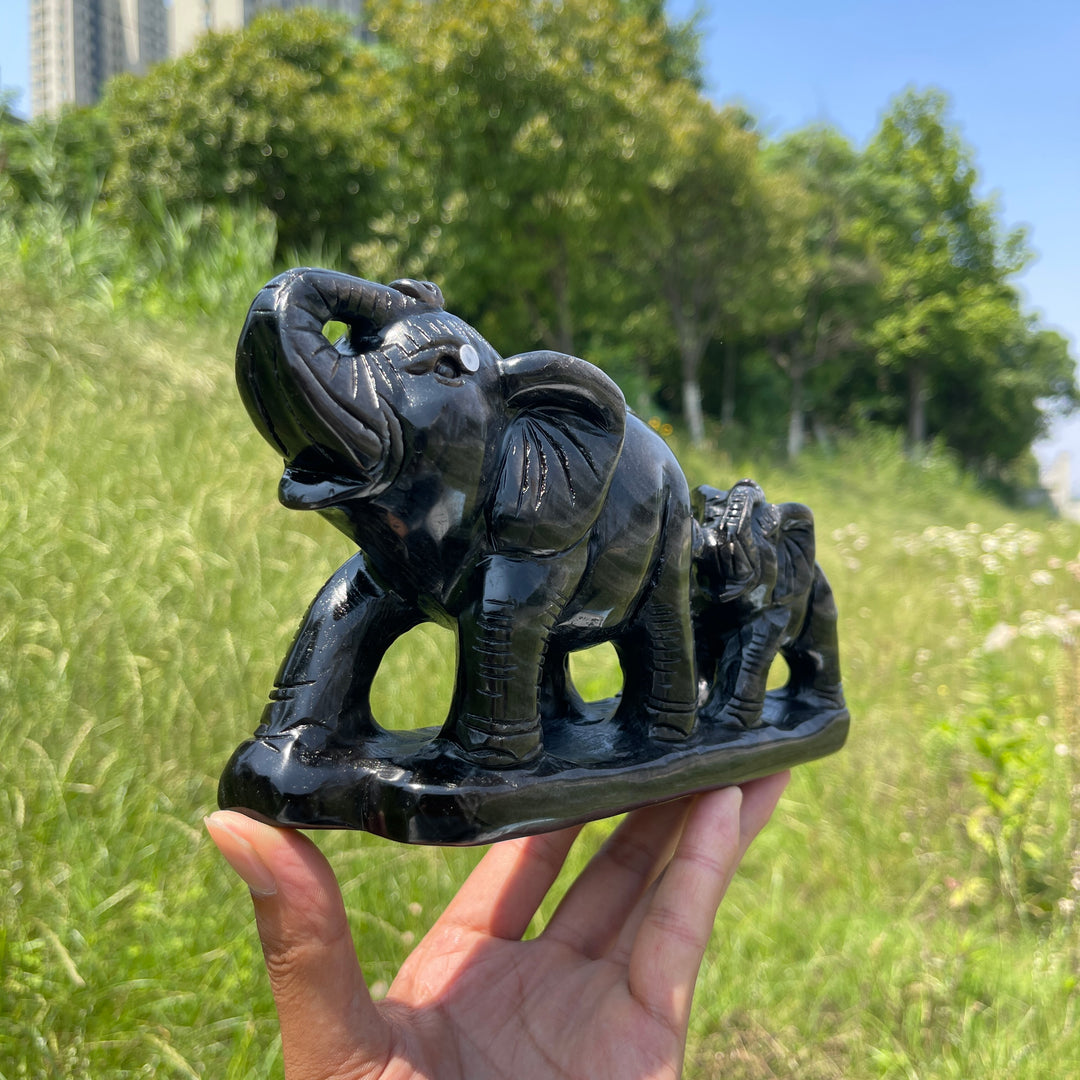 Unique,A Slightly Imperfect Natural Silver Obsidian Mother And Baby Elephant Carving