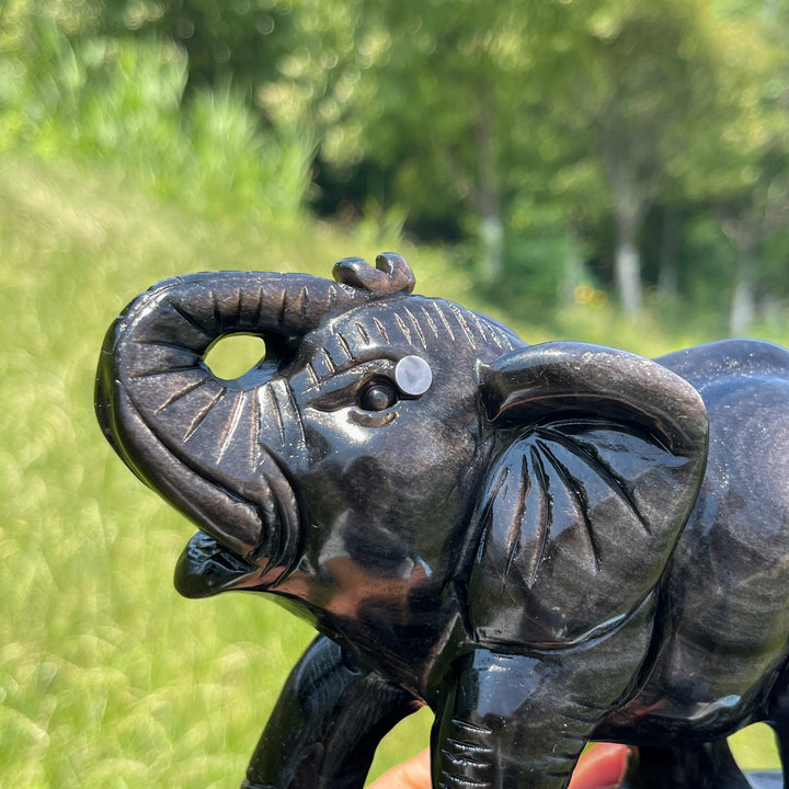 Unique,A Slightly Imperfect Natural Silver Obsidian Mother And Baby Elephant Carving