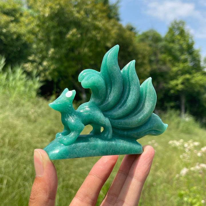 Unique,A Slightly Imperfect Natural Green Aventurine Nine-Tailed Fox Carving