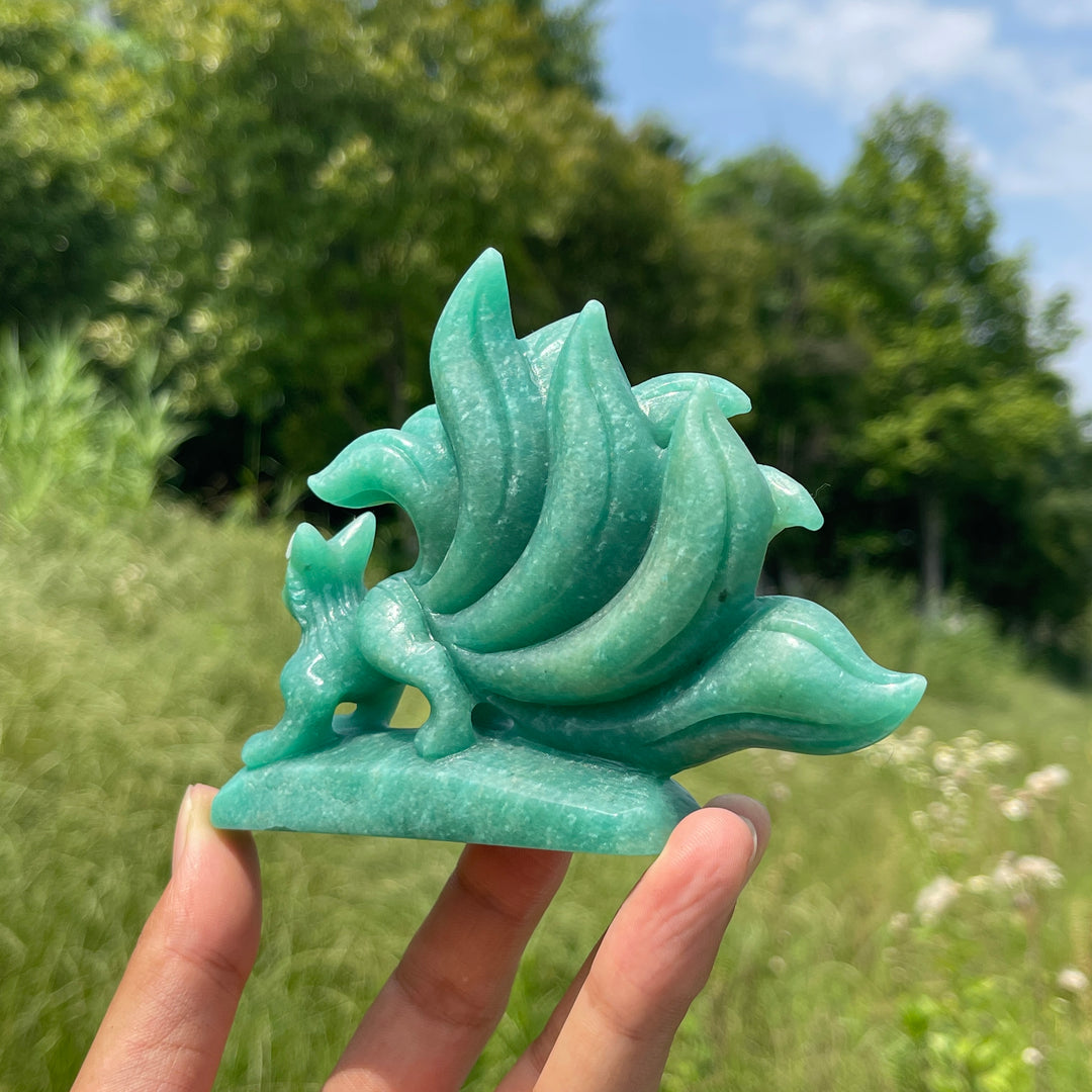 Unique,A Slightly Imperfect Natural Green Aventurine Nine-Tailed Fox Carving