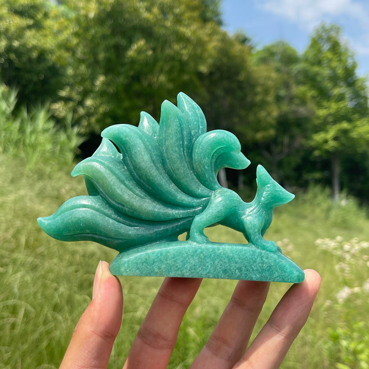 Unique,A Slightly Imperfect Natural Green Aventurine Nine-Tailed Fox Carving