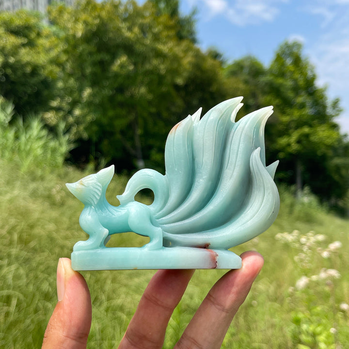 Unique,Natural Crystal Cute Blue Quartzite Nine-Tailed Fox Carving