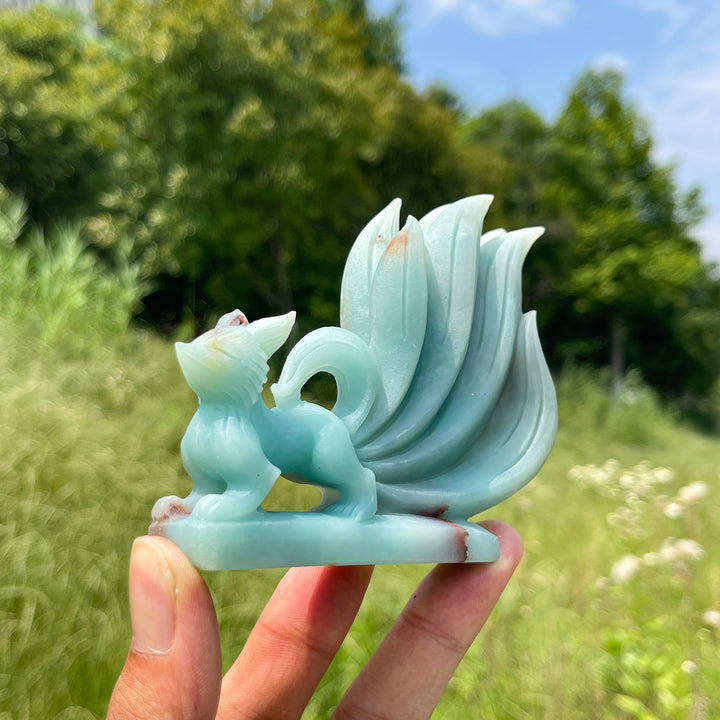 Unique,Natural Crystal Cute Blue Quartzite Nine-Tailed Fox Carving