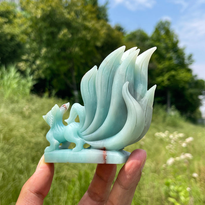 Unique,Natural Crystal Cute Blue Quartzite Nine-Tailed Fox Carving