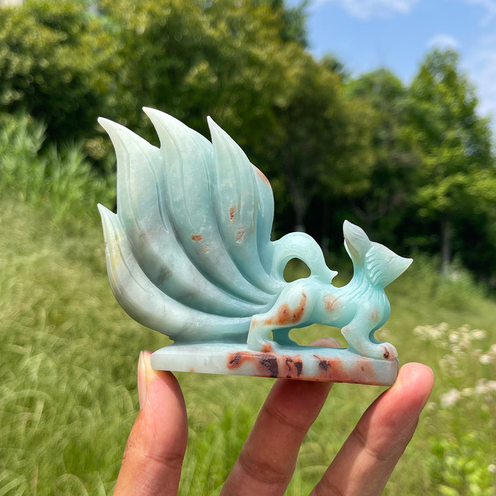Unique,Natural Crystal Cute Blue Quartzite Nine-Tailed Fox Carving