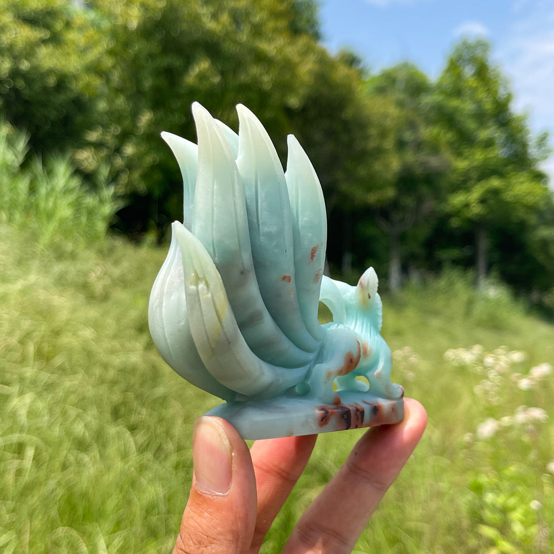 Unique,Natural Crystal Cute Blue Quartzite Nine-Tailed Fox Carving