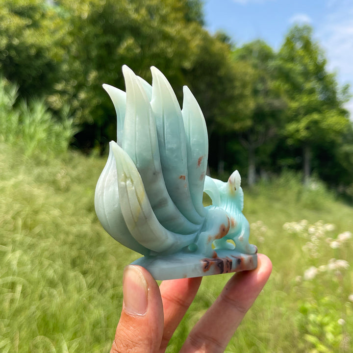 Unique,Natural Crystal Cute Blue Quartzite Nine-Tailed Fox Carving