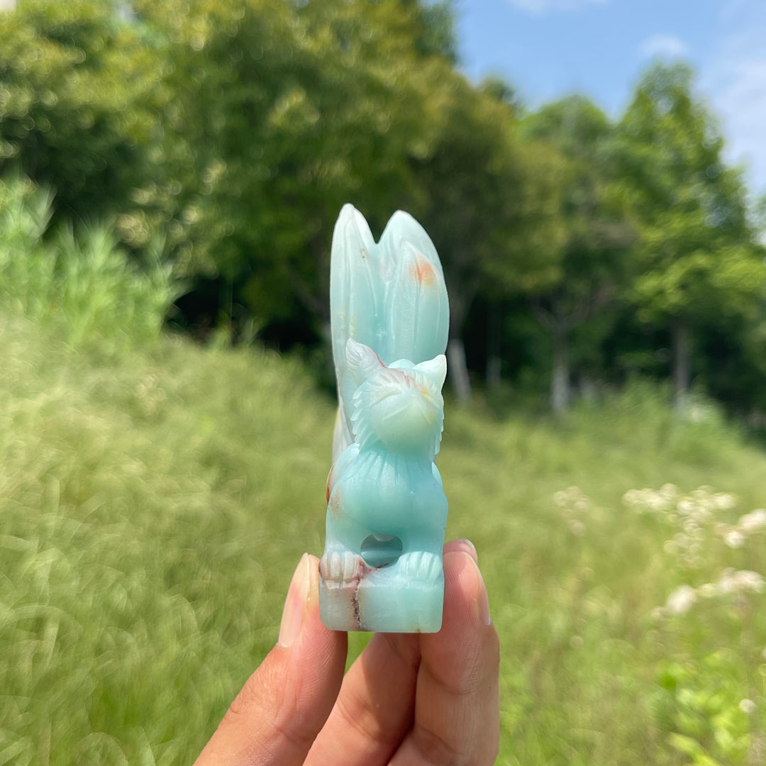 Unique,Natural Crystal Cute Blue Quartzite Nine-Tailed Fox Carving
