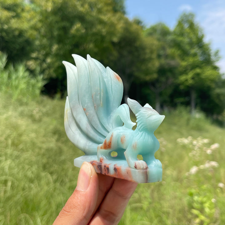 Unique,Natural Crystal Cute Blue Quartzite Nine-Tailed Fox Carving