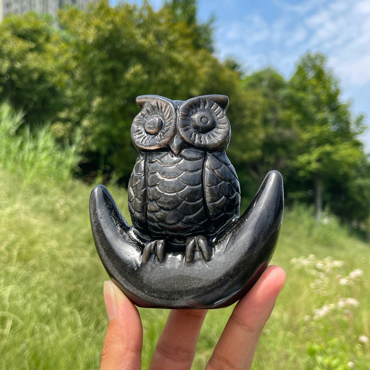 Unique,Natural Silver Obsidian Moon Owl Carving
