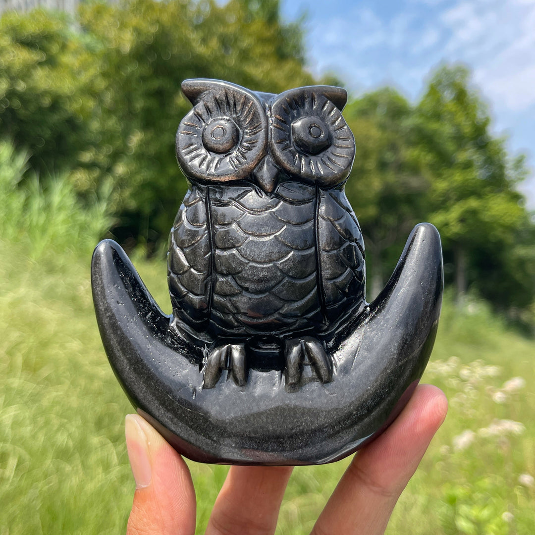 Unique,Natural Silver Obsidian Moon Owl Carving