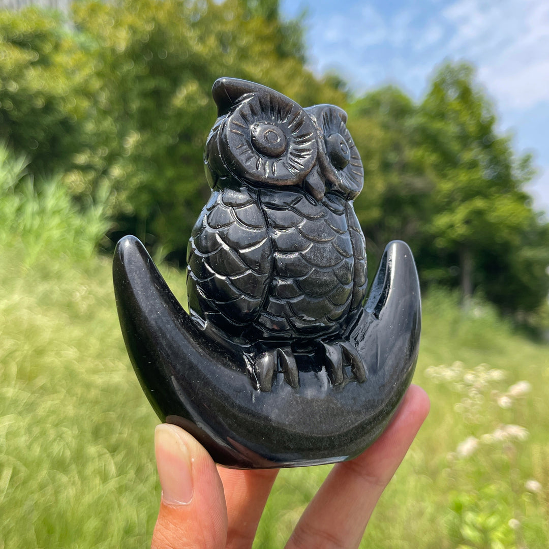 Unique,Natural Silver Obsidian Moon Owl Carving
