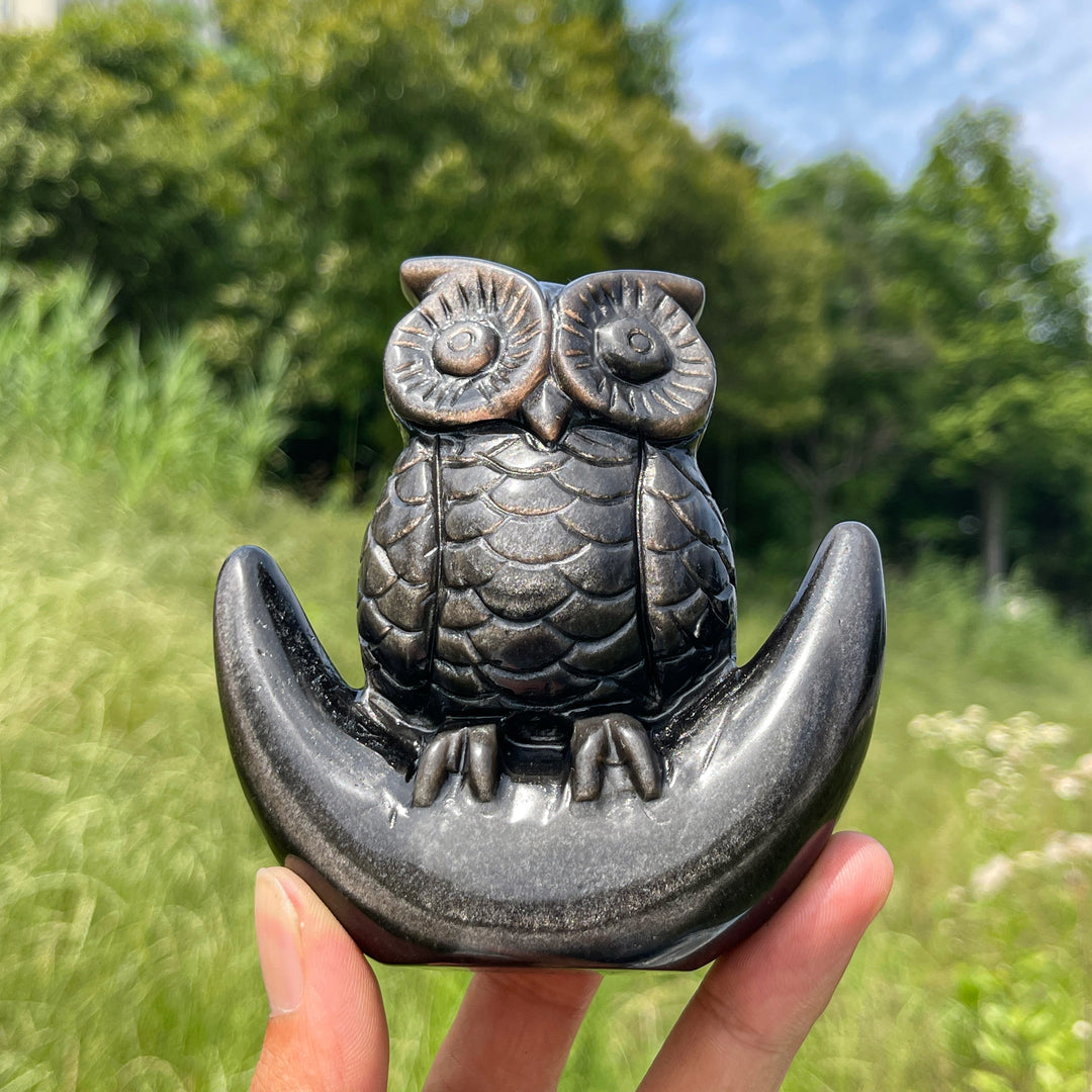 Unique,Natural Silver Obsidian Moon Owl Carving