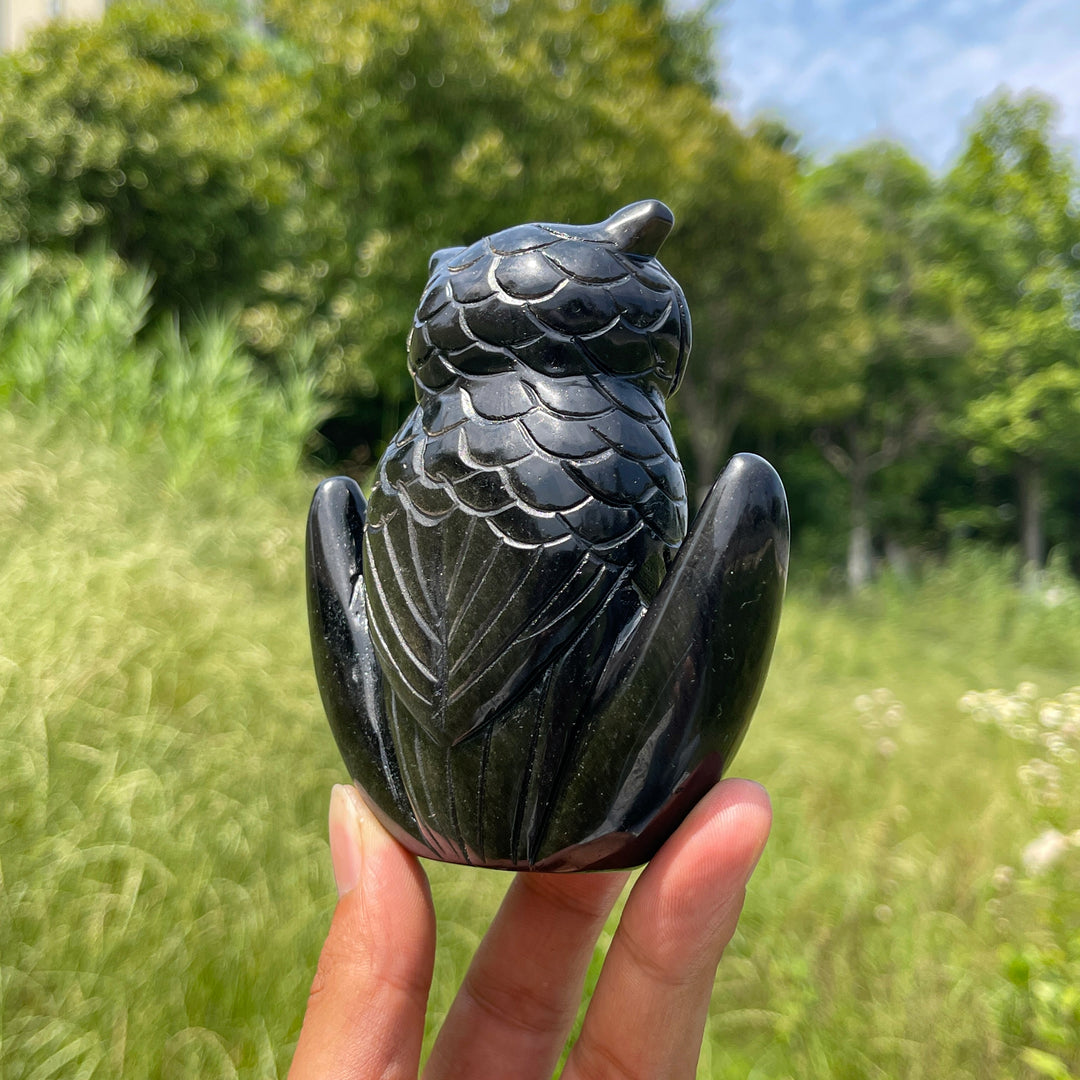 Unique,Natural Silver Obsidian Moon Owl Carving