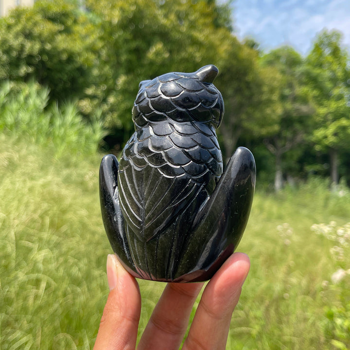 Unique,Natural Silver Obsidian Moon Owl Carving