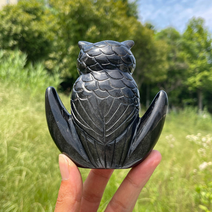Unique,Natural Silver Obsidian Moon Owl Carving