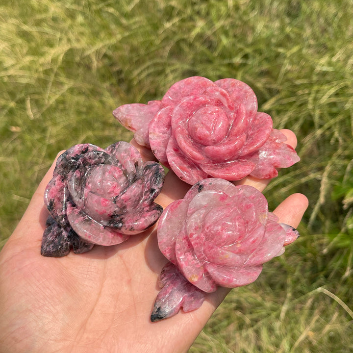Unique,Natural Rhodonite In Quartz Peony Blossom Carving