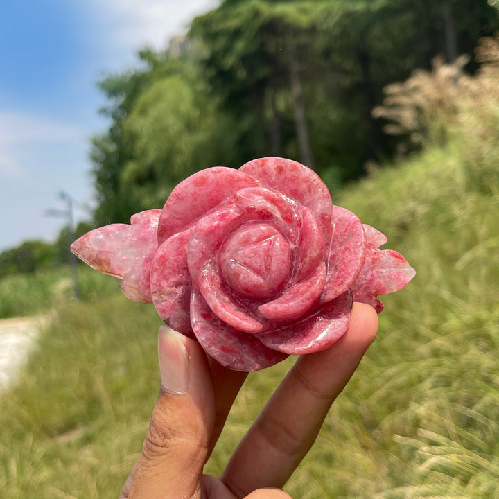 Unique,Natural Rhodonite In Quartz Peony Blossom Carving