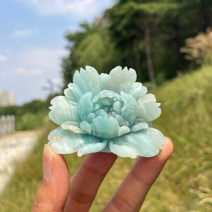 Unique,Natural Blue Quartzite Peony Flower Carving