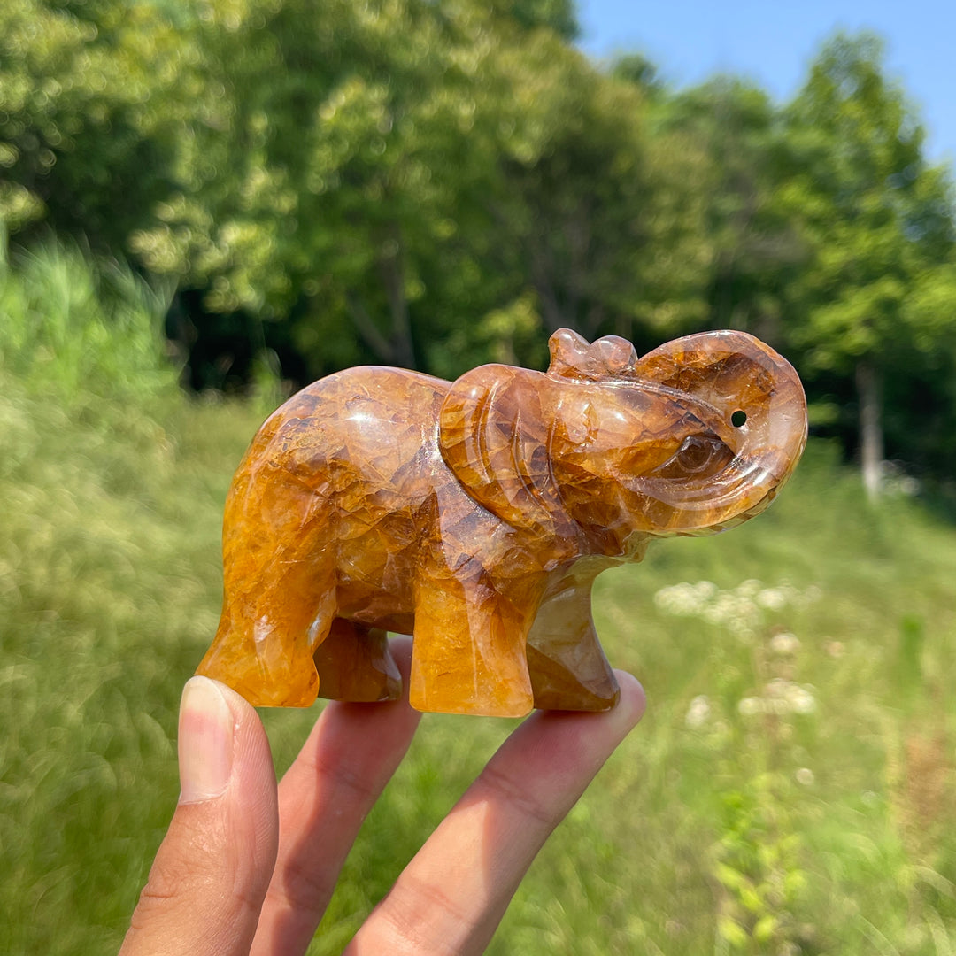 Unique,Natural Crystal Warm Golden Healer Elephant Carving