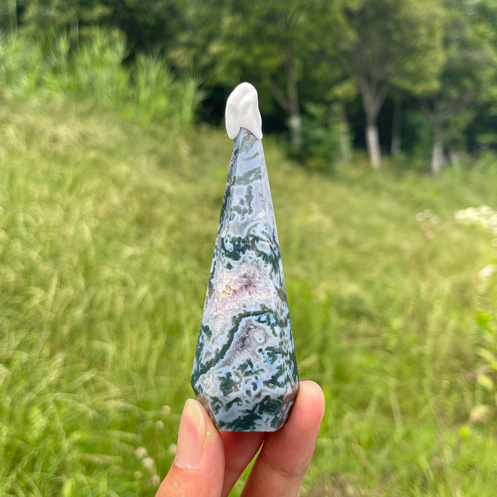 Unique,Natural Moss Agate Diamond Tower Crystal