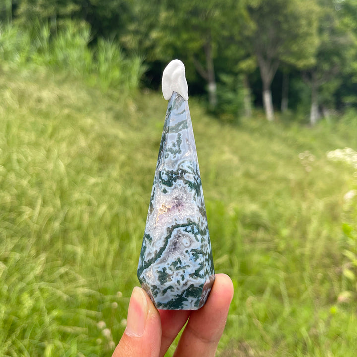 Unique,Natural Moss Agate Diamond Tower Crystal