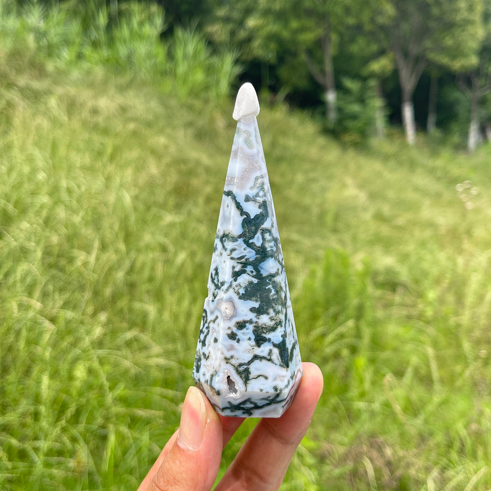 Unique,Natural Moss Agate Diamond Tower Crystal
