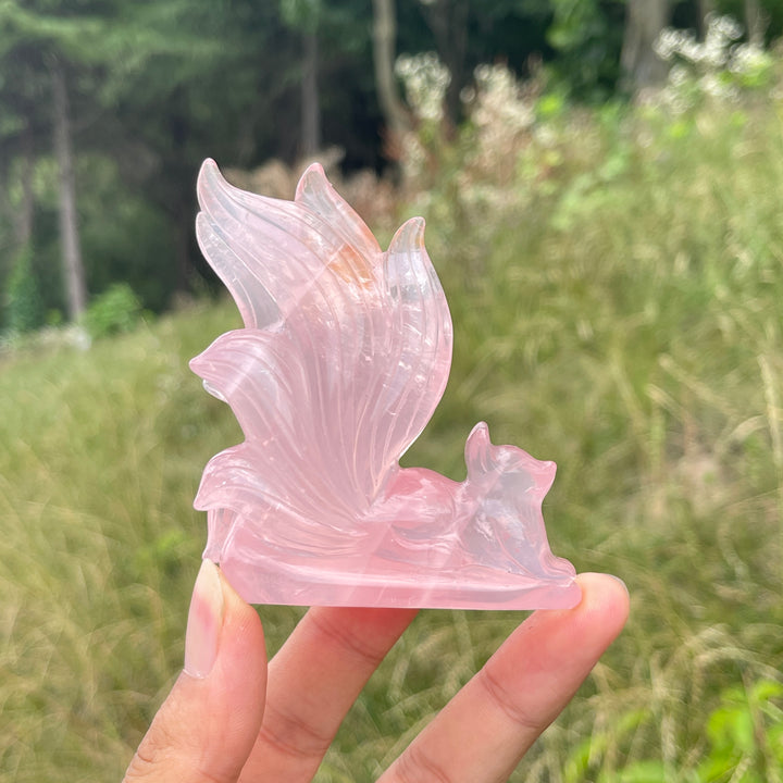 Unique,A Slightly Imperfect Natural Rose Quartz Nine-Tailed Fox Carving