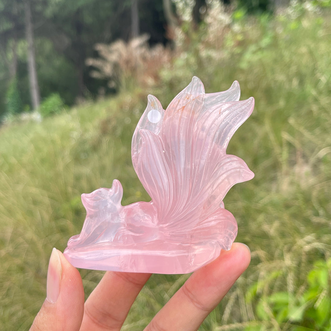Unique,A Slightly Imperfect Natural Rose Quartz Nine-Tailed Fox Carving
