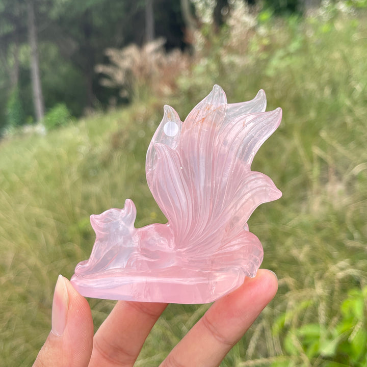Unique,A Slightly Imperfect Natural Rose Quartz Nine-Tailed Fox Carving