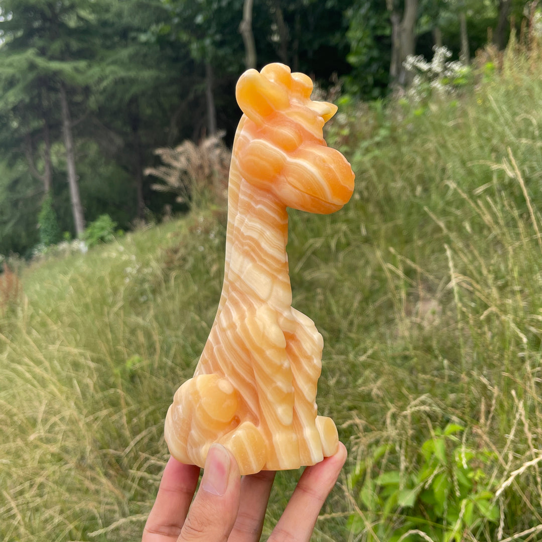 Unique,Natural Crystal Yellow Calcite Giraffe Carving