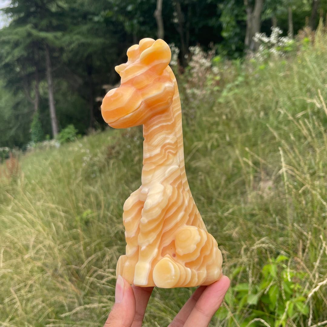 Unique,Natural Crystal Yellow Calcite Giraffe Carving