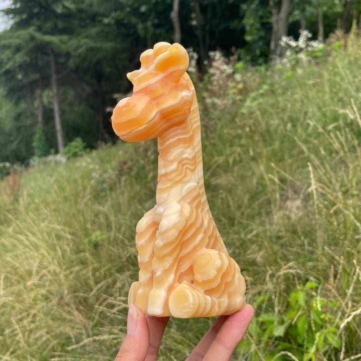 Unique,Natural Crystal Yellow Calcite Giraffe Carving