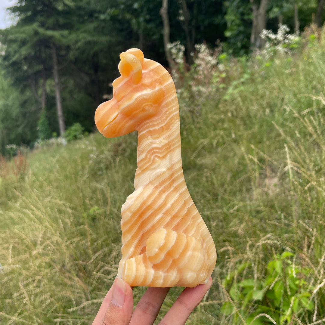 Unique,Natural Crystal Yellow Calcite Giraffe Carving