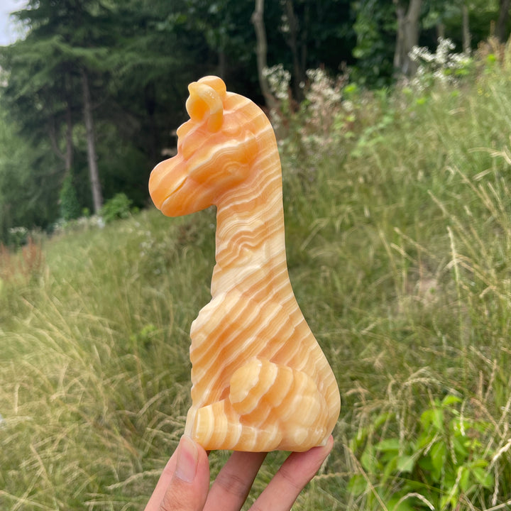 Unique,Natural Crystal Yellow Calcite Giraffe Carving